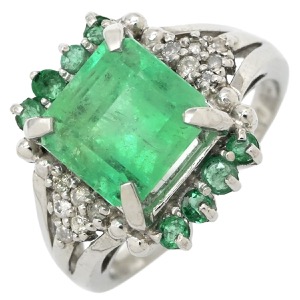 リング 指輪 エメラルド ダイヤモンド リング K18WG シルバー グリーン 緑 スクエア  中古
