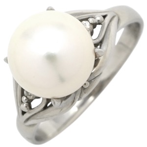 リング 指輪 Pt900 ホワイト プラチナム 1P 1粒 パール 真珠 あこや アコヤ ダイヤ  中古