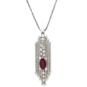 ネックレス ルビーダイヤペンダント K18WG シルバー Au750 18K 18金 アールデコデザイン  中古