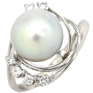リング 指輪 アコヤパール ダイヤリング Pt850 シルバー 1粒 1P  中古