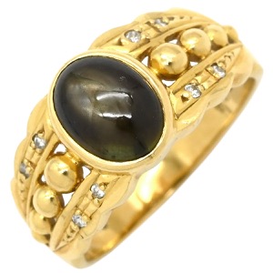 リング 指輪 ブラックスターサファイア ダイヤ リング K18YG ブラック 黒 Au750 18K 18金 オーバルカボション 天然石 中古