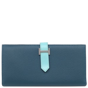 エルメス 長財布 ベアンスフレ ヴォーエプソン ブルー 青色 二つ折り財布 バイカラー  中古