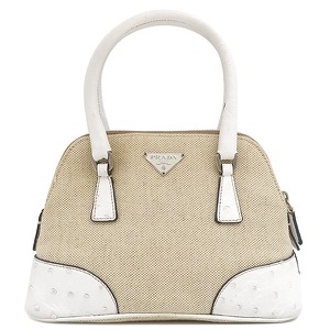 プラダ 2WAYバッグ キャンバス オーストリッチ キャンバス ベージュ 三角ロゴプレート ミニ ショルダー 白  中古