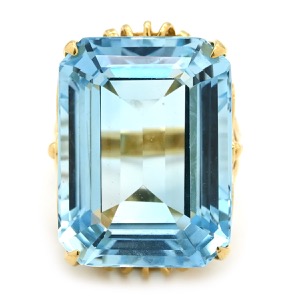 リング 指輪 ブルートパーズ K18YG ゴールド 青 水色 バゲットカット 中古