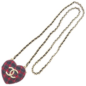 シャネル ネックレス ロケット ペンダント ツイード レッド 赤 紺 ハート ココマーク AP9485 中古