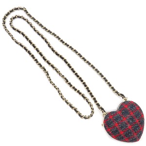 シャネル ネックレス ロケット ペンダント ツイード レッド 赤 紺 ハート ココマーク AP9485 中古