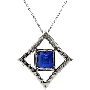 ネックレス サファイア ダイヤペンダント Pt900 シルバー 青 ブルー  中古