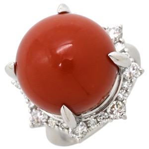 リング 指輪 珊瑚 ダイヤリング Pt900 シルバー 赤 サンゴ  中古