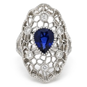 リング 指輪 ブルーサファイア ダイヤリング K18WG シルバー 青 Au750 18K 18金 透かし彫り  中古