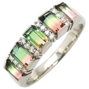 リング 指輪 バイカラートルマリン ダイヤリング Pt900 シルバー ウォーターメロントルマリン 中古
