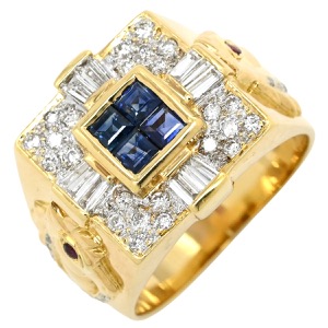 リング 指輪 ブルーサファイア ルビー ダイヤ 印台リング K18YG ゴールド 青 ブルー スクエア 馬 スクエアバケットミックスカット  中古