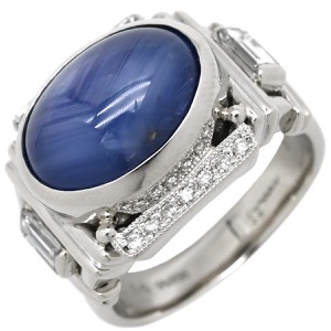 リング 指輪 スターサファイア ダイヤリング Pt900 シルバー 青 カボションカット  中古