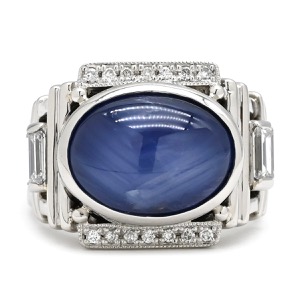 リング 指輪 スターサファイア ダイヤリング Pt900 シルバー 青 カボションカット  中古