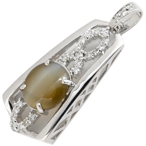 ペンダントトップ クリソベリル キャッツアイ ダイヤ K18WG シルバー 18K 18金 ネックレストップ 天然石 オーバル 猫目石 中古