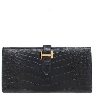 エルメス 長財布 ベアンスフレ アリゲーター ブラック 黒 クロコ 二つ折り財布  中古