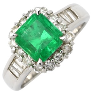 リング 指輪 エメラルド ダイヤモンド リング Pt900 シルバー グリーン 緑 スクエア  中古