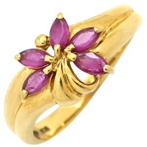 リング 指輪 ルビーリング K18YG ゴールド レッド 赤 マーキスカット フラワー 中古