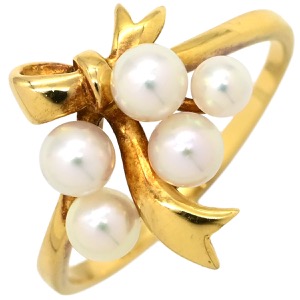 ミキモト リング 指輪 K18YG ホワイト Au750 18K 18金 真珠 アコヤ あこや ベビーパール リボンモチーフ  中古