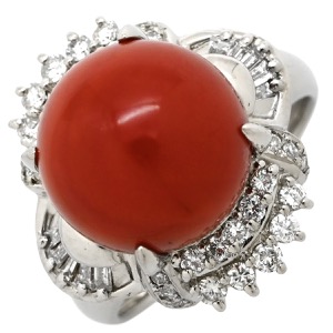 リング 指輪 珊瑚 ダイヤリング Pt900 シルバー 赤 サンゴ  中古