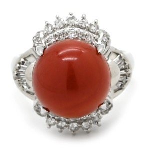 リング 指輪 珊瑚 ダイヤリング Pt900 シルバー 赤 サンゴ  中古