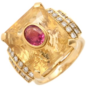 リング 指輪 トルマリン シトリン ダイヤリング K18YG ゴールド 赤 黄 スクエア 中古