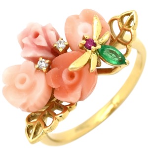 リング 指輪 珊瑚 エメラルド ルビー ダイヤ 薔薇モチーフ K18YG ゴールド バラ ローズ 花 フラワー サンゴ ピンク 赤 緑 18K 750YG 18金 中古