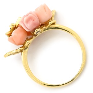 リング 指輪 珊瑚 エメラルド ルビー ダイヤ 薔薇モチーフ K18YG ゴールド バラ ローズ 花 フラワー サンゴ ピンク 赤 緑 18K 750YG 18金 中古