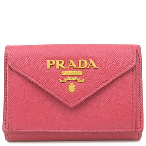 プラダ 三つ折り財布 メタルロゴ レザー ピンク コンパクトウォレット  1MH021 中古
