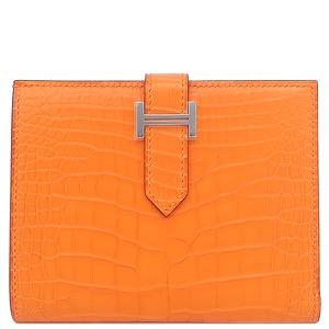 エルメス 二つ折り財布 ベアンコンパクト アリゲーターマット オレンジ クロコ  中古