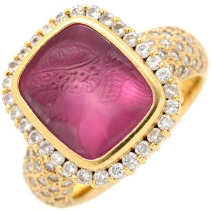 リング 指輪 レッドトルマリン ダイヤ リング K18YG レッド 赤 スクエア カメオ 浮き彫り ルベライト パヴェ 中古