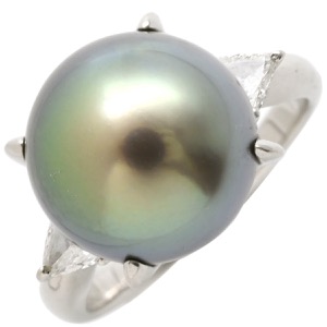 リング 指輪 Pt900 ブラック プラチナム 1P 1粒 パール 真珠 黒蝶 ダイヤ トリリアントカット 中古