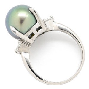 リング 指輪 Pt900 ブラック プラチナム 1P 1粒 パール 真珠 黒蝶 ダイヤ トリリアントカット 中古