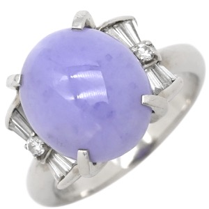 リング 指輪 ラベンダー翡翠 ダイヤ リング Pt900 パープル プラチナム ラベンダージェダイト 紫 オーバルカボション バゲットカット 中古