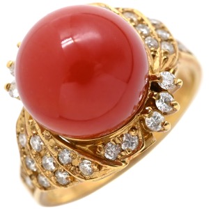 リング 指輪 珊瑚 ダイヤリング K18YG ゴールド サンゴ 赤  中古