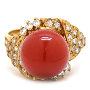 リング 指輪 珊瑚 ダイヤリング K18YG ゴールド サンゴ 赤  中古