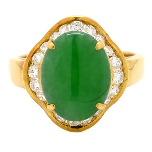 リング 指輪 ヒスイ ダイヤリング K18YG ゴールド 翡翠 グリーン 緑 カボションカット  中古