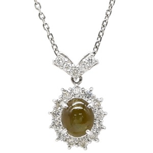 ネックレス クリソベリル キャッツアイ ペンダント Pt900 シルバー パヴェダイヤ クリソベリルキャッツアイ プラチナム Pt850 中古