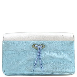 ミュウミュウ ショルダーバッグ ロゴエンボス ショルダ  レザー ブルー バイカラー 肩掛け  中古