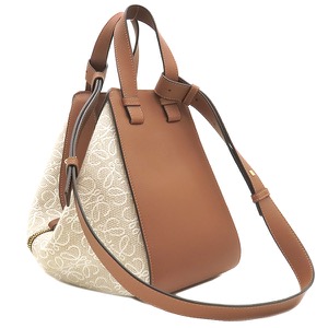 ロエベ 2WAYバッグ ハンモックバッグ スモール レザー ブラウン 茶 白 ハンドバッグ ショルダー アナグラム ジャガード 中古