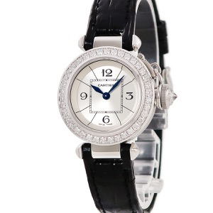 カルティエ ミス パシャ 27mm WJ124027 K18WG無垢 純正ダイヤ 青針 シルバー クオーツ