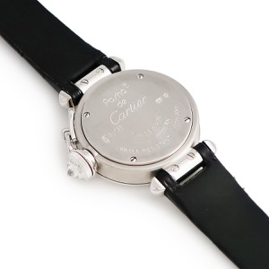 カルティエ ミス パシャ 27mm WJ124027 K18WG無垢 純正ダイヤ 青針 シルバー クオーツ