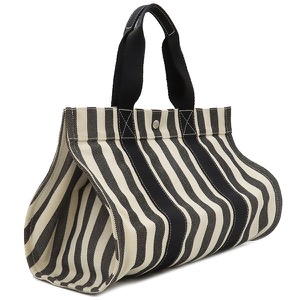 エルメス トートバッグ カンヌMM キャンバス マルチカラー 白 黒 ストライプ ポーチ付き  中古