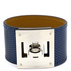 エルメス バングル ケリードッグ リザード ブルー ブレスレット 大型メタルバックル  中古