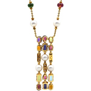 ブルガリ ネックレス アレグラ マルチカラー K18YG ゴールド Au750 18K 18金 パール ペンダント カラフル セミプレシャスストーン 中古