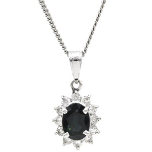 ネックレス サファイア ダイヤモンド Pt850 シルバー Pt850 ドロップ ペンダント ダイヤ 青 オーバル ブルーサファイア 中古