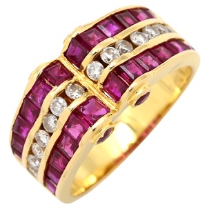 リング 指輪 ルビー ダイヤ K18YG レッド イエローゴールド K18YG Au750 18K 18金 赤 スクエアカット ラインストーン ボリュームデザイン 中古