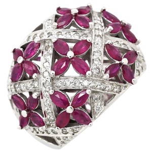 リング 指輪 ラティス ダイヤリング K14WG レッド WG 14K ダイヤモンド ルビー フラワークラスター  中古