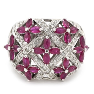 リング 指輪 ラティス ダイヤリング K14WG レッド WG 14K ダイヤモンド ルビー フラワークラスター  中古