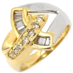 リング 指輪 ダイヤ リング K18YG ゴールド Au750 18K 18金 YG×Pt850 コンビ バゲットカット 中古