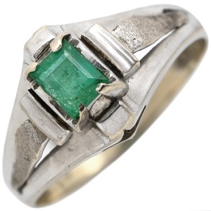 リング 指輪 エメラルド リング K14WG シルバー グリーン 緑 スクエア バケットミックスカット 1石 中古